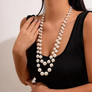 Multi Layered Pearl Statement Necklace White Big Jumbo Beads Silver Classic New - Picture 1 of 6