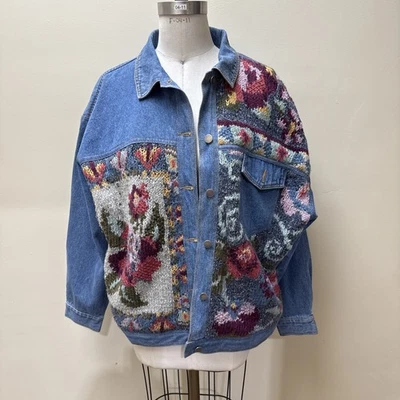 Chaqueta vaquera vintage Together L apliques de punto floral de gran tamaño años 80 90 abrigo de jean Foto 1 de 4