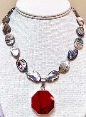 MARAVILLOSO Collar Reversible de Plata de Ley con Abulón, Jaspe Rojo y Cristal Foto 1 de 4