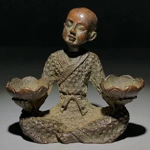 Brass Monk Holding Lotus Statue Incense Cone Burner Buddhism Zen Candle Stick - Picture 1 of 9