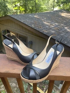 New Jimmy Choo Amely Slingback Wedge Black EU 37.5 US 7.5 Org $525 - Picture 1 of 11