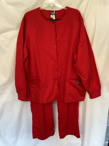 Women’s CHEROKEE Red Warm Up Scrub Lab Coat & Adjustable Pants Are Short Sz XL - Picture 1 of 9