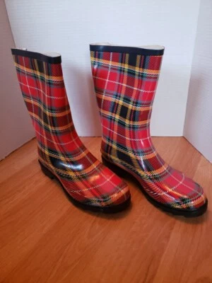 Botas de lluvia Sporto Evi para mujer talla 10M rojas a cuadros media pantorrilla sin cordones Foto 1 de 4