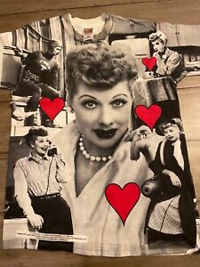T-shirt I LOVE LUCY, neuf, vintage, Med, Lucille Ball, Hearts, N&W imprimé partout