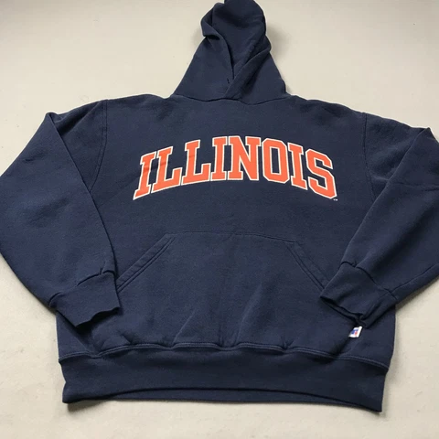 VINTAGE Illinois Fighting Illini Hoodie Mens Small Blue Sweatshirt Russell 90s Cover