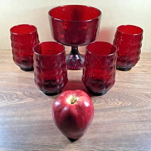 Anchor Hocking BUBBLE RUBY 4 Glasses & Hoosier TREE BARK Compote Candy Dish 4031 - Picture 1 of 19