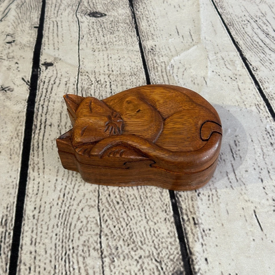 RAPHAEL Carved Sleeping Cat 4 Bit Wooden Puzzle Box Secret Box Magic Trinket Handmade