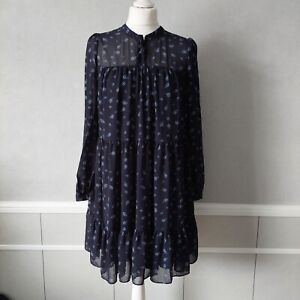 Whistles Mini Dress UK10  Navy Paisley Long Sleeve Tie Neck Button Cuffs Pockets