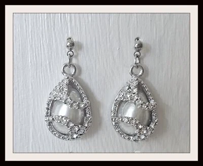 Caged White Pearl & Crystal Silver Earrings Dangle Wedding Bridal Nickel Free - Image 1 of 2