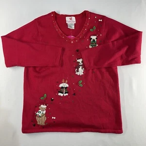 The Quacker Factory Xmas Holiday Knit Sweater Sz Large Sequined Beaded Red Dogs - Picture 1 of 10