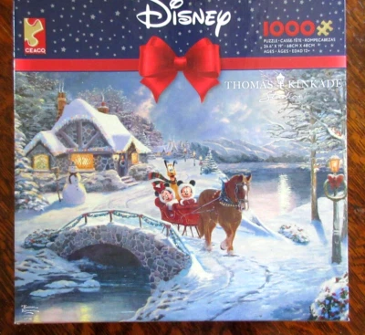 Thomas Kinkade 1000 Pc Jigsaw Puzzle Mickey and Minnie Evening Sleigh Ride - Image 1 of 3