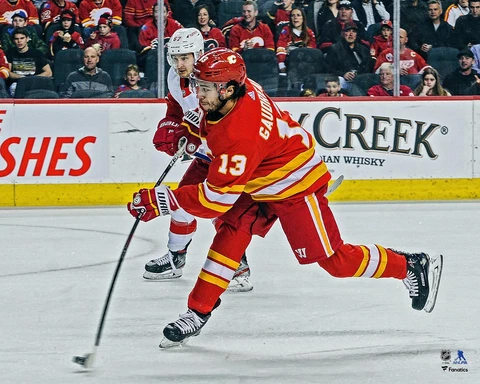 Johnny Gaudreau Calgary Flames Unsigned Alternate Jersey Shooting Photo Cover