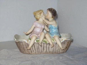 BISQUE PLANTER WITH YOUNG GIRL AND BOY SITTING ON A BENCH GERMAN OR JAPANESE HAS - Picture 1 of 6