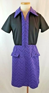 Vintage Women Dress Purple Black Double Knit Size M/L Mod Secretary Zip Front - Picture 1 of 6