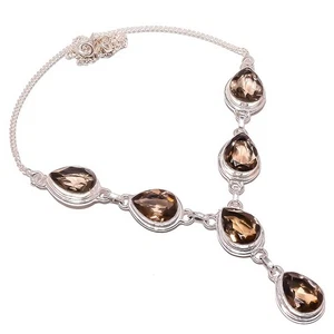 Smoky Quartz Gemstone Silver Plated Jewelry Tennis Necklace 17.99" TN7525-354 - Picture 1 of 3