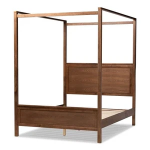 Homesphere Furniture Queen Size Walnut Finished Wood Platform Canopy Bed - Picture 1 of 9