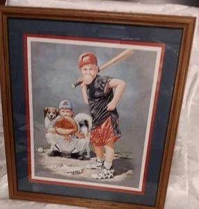 Vtg Home Interior Signed Wayne Neal Baseball Sandlot Print - Wood Framed 16"x14" - Picture 1 of 7