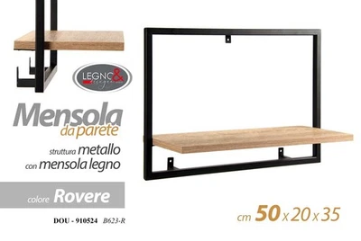 MENSOLA DA PARETE MODERNA MURO METALLO RIPIANO LEGNO ROVERE INDUSTRIA 50*20*35cm - Immagine 1 di 4