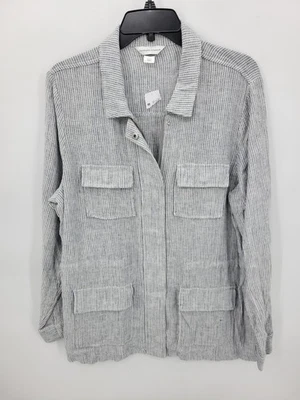 Christopher & Banks Shirt Jacket Womens Large Striped Linen Pockets Zip Up - Image 1 of 4