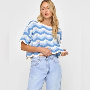 LSpace Make Waves Knit Scalloped Cropped Boxy Striped Sweater Small - Picture 1 of 9