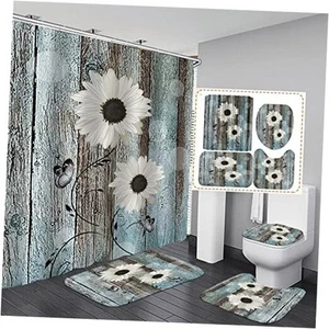 White Daisy Flower Shower Curtain Sets with Rugs 4 Piece Rustic Flower Floral - Picture 1 of 7