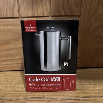 Grunwerg Cafe Ole 3 Cup Stainless Steel Double Wall Straight Cafetière New Boxed - Image 1 of 4