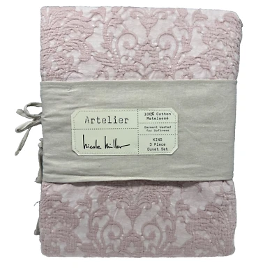 3pc Nicole Miller Artelier Dusty Salmon Pink King Duvet Cover Sham Set Matelasse - Image 1 of 4