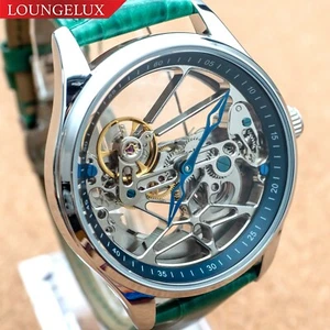 Mens Flywheel Bridge Movement Automatic Mechanical Watch Silver Green Leather - Picture 1 of 11