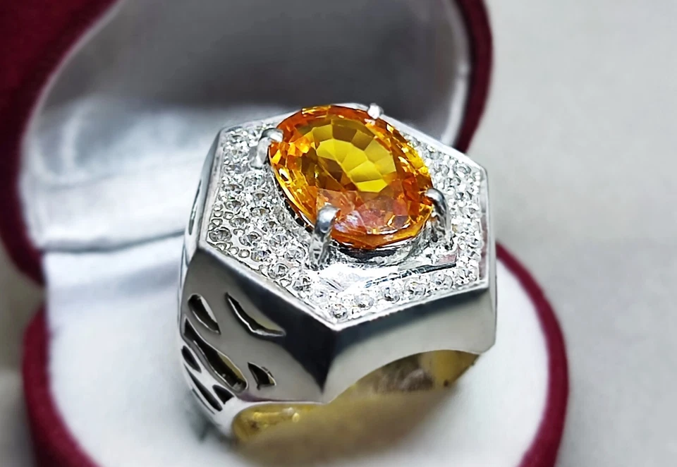 Oval Cut 13 Ct Deep Yellow Citrine Sterling Silver 925 Handmade Mens Heavy Ring - Image 1 of 4