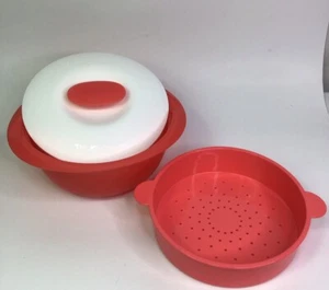 Tupperware 3 Pc 9” Micro Steamer Coral Veggie Rice Microwave Dish EUC - Picture 1 of 9