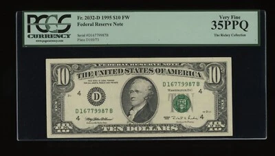 DBR 1995 $10 FRN Cleveland Fr. 2032-D PCGS 35 PPQ Serial D16779987B - Image 1 of 2