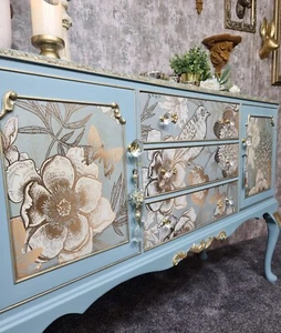 Beautiful Oak Sideboard in Vintage Duck Egg with Cream/Gold Florals and Birds - Picture 1 of 8