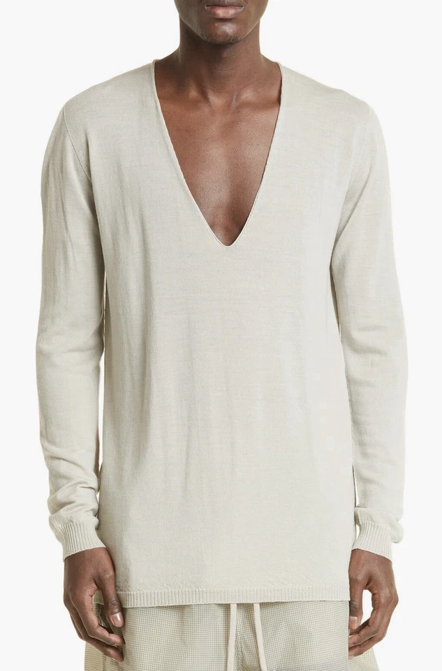 Nuevo con etiquetas Suéter Rick Owens Gran Tamaño Cuello en V Profundo 100% Lana - Talla Única - Color Perla Foto 1 de 4