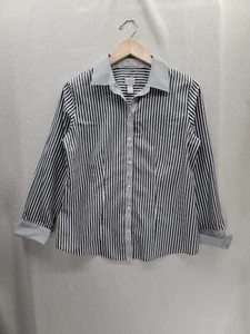 Chico's gestreiftes 100 % Baumwolle grau/weiß Kragen Knopf Shirt Top Größe-0/US-4 - Bild 1 von 6