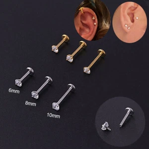 2PCS Stainless Steel Piercing Traguss Stud Crystal Labret Small Ear Stud Helix C - Picture 1 of 16