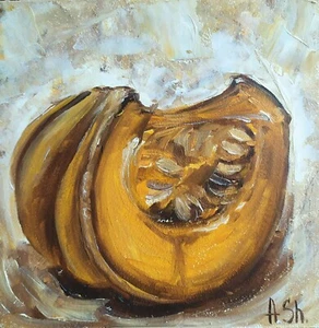 Original oil painting Pumpkin Still life kitchen artwork 8x8" - Picture 1 of 6