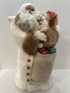 Old World Santa Claus 14” Tall Christmas Decoration White Fur/Doll/Santa's Bag - Picture 1 of 13