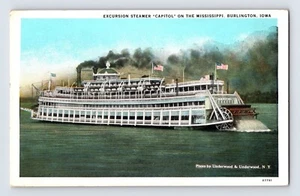 Postcard Iowa Burlington IA Excursion Steamer Capitol Mississippi 1930s Unposted - Picture 1 of 2