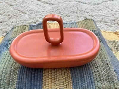 Creative Co-op Stonewear 6.5" Long Candy/Butter Dish w/ Lid/Handle, Light Orange - Image 1 of 4