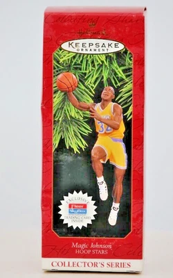 Magic Johnson 1997 Hallmark Keepsake Ornament con tarjeta coleccionable Fleer SkyBox Foto 1 de 3