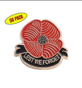50 Pack Poppy Flower Veterans Symbol Lest We Forget Metal Lapel Pins Brand New - Picture 1 of 3