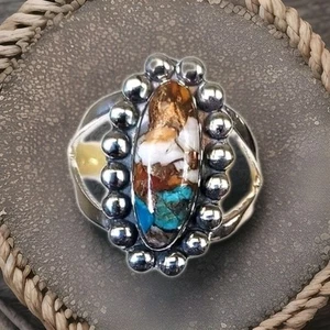 Sante Fe Style Oval Halo Spiny Turquoise Ring in 925 Sterling Silver 1.35ctw - Picture 1 of 9