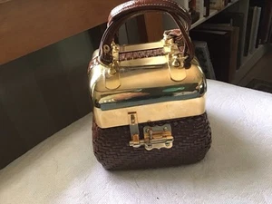 Saks Fifth Ave Brown Woven Leather / Gold Metal Basket Handbag  - Picture 1 of 15