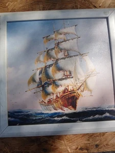 Vintage Tall Ship Framed Nautical Wall Art – Sailing Ship on the High Seas –... - Picture 1 of 2