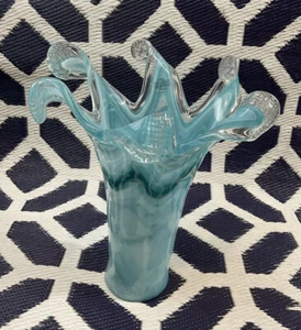 Vintage Murano Italian Blue Glass Vase Celadon & Turquoise Handkerchief Design - Picture 1 of 14