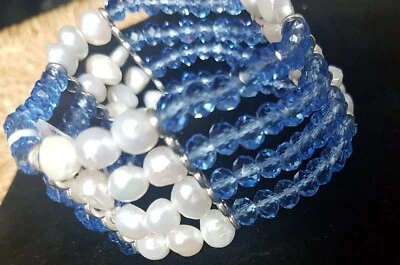 Fresh Water White Pearl &Simulated Tanzanite Bracelet Wedding Party Jewellery  - Image 1 of 4