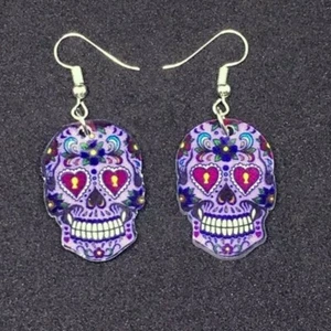 Purple Sugar Skull Acrylic Dangle Earrings Gothic Punk  - Picture 1 of 4