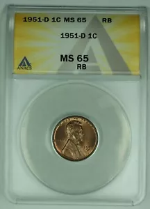 1951-D Lincoln Wheat Cent 1C Coin ANACS MS 65 RB (32) A - Picture 1 of 2