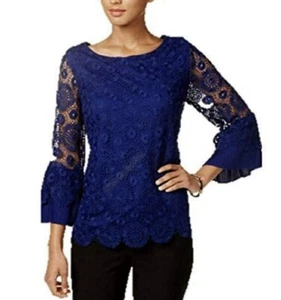 NWT Charter Club Woman Bell Sleeve Lace Top 3X Scalloped Hem Sapphire Blue - Picture 1 of 14