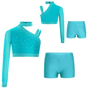 Kids Girls Shirt And Bottoms Dance Crop Top With Shorts Competition Tracksuit - Picture 1 of 86